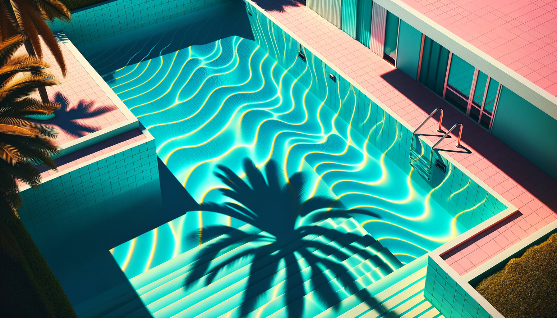 Peinture de piscine californienne dans le style iconique de David Hockney avec eau turquoise et lignes ondulées caractéristiques