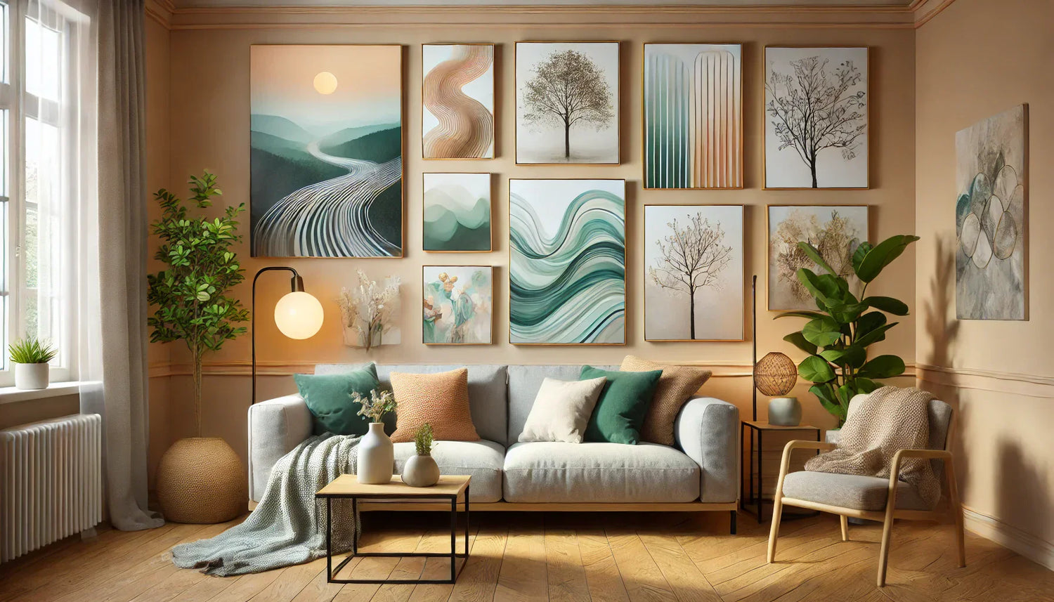 Image représentant une sélection de tableaux relaxation, incluant des œuvres minimalistes, des paysages naturels apaisants, des abstractions fluides et des peintures aux tons pastel pour une décoration murale apaisante.