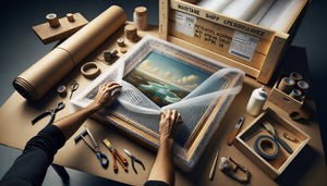 Déballage minutieux d'un tableau emballé après transport maritime avec caisse en bois et protections