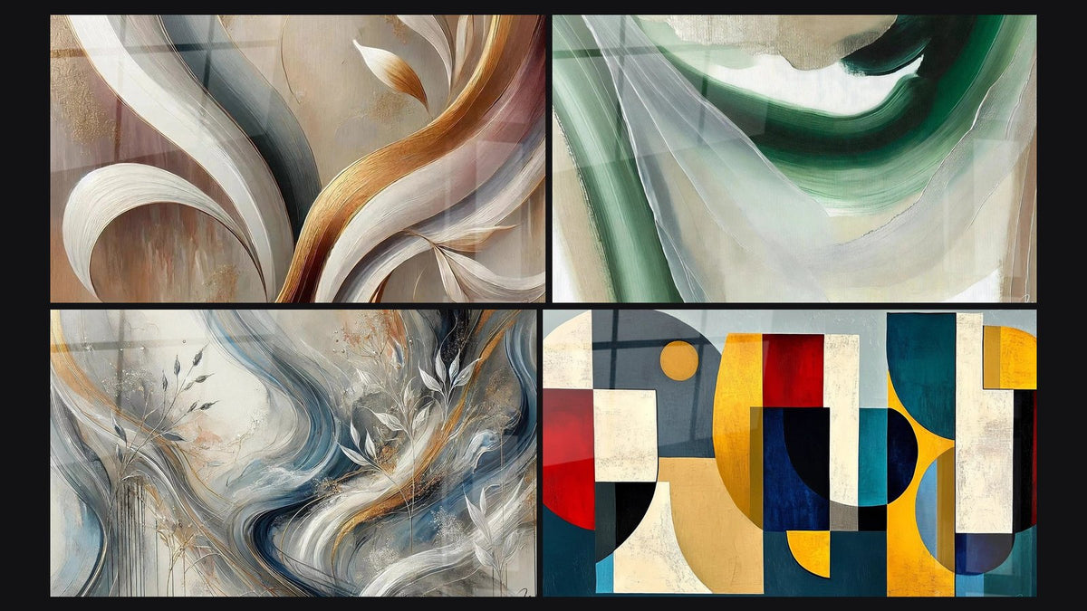 Mosaic of four paintings, including Golden Breeze, Emerald Silk and Enveloping Nuances