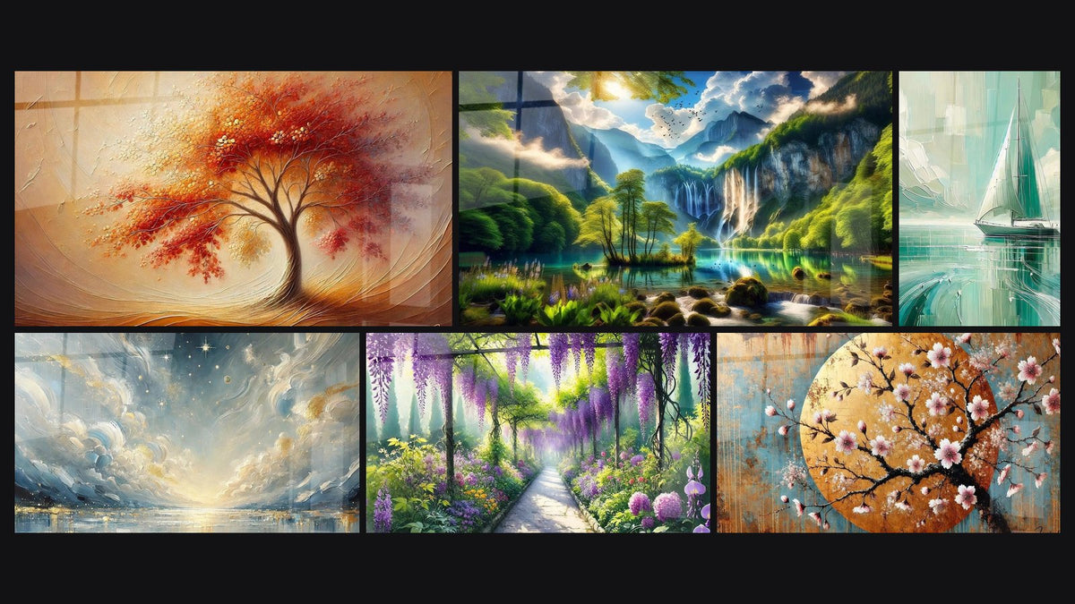 Mosaico di sei quadri, tra cui Danza delle Stagioni, Eden Verde con Mille Cascate e Alba sull'Infinito