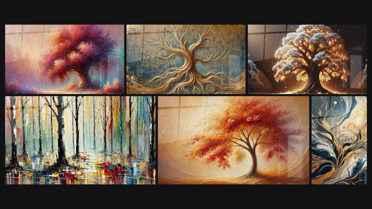 Mosaïque de six tableaux, dont Arbre des Rêves, Arbre de la Vie Éternelle et Eclats de Saison