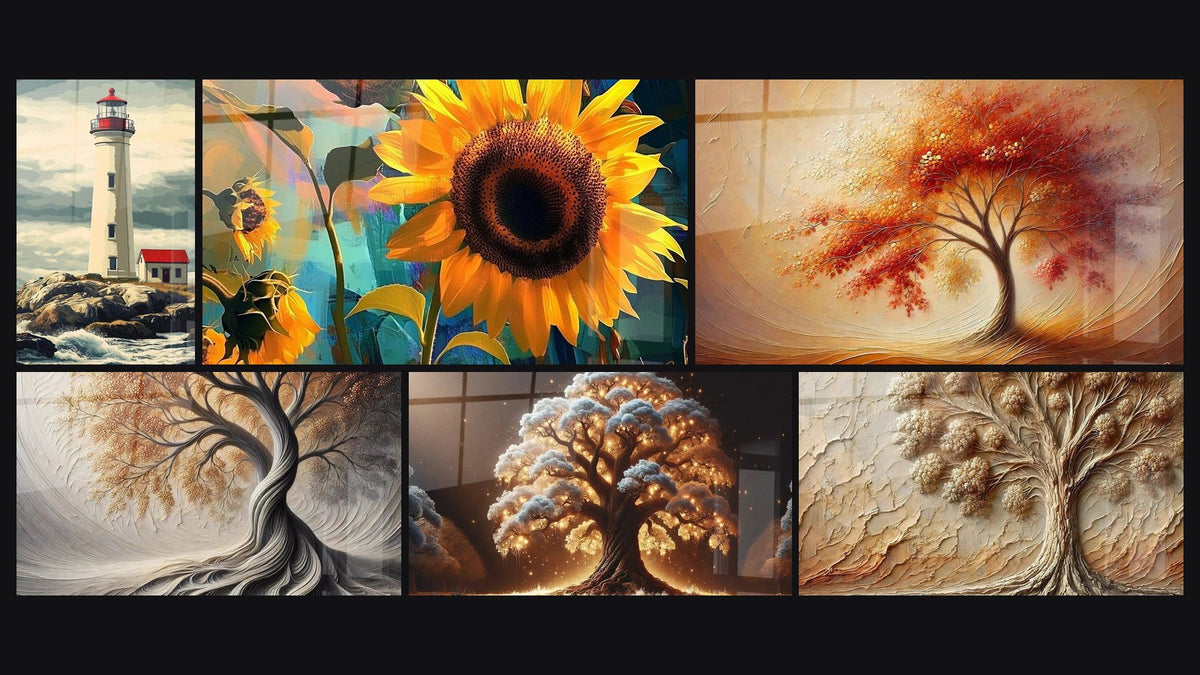 Mosaik aus sechs Gemälden, darunter Leuchtturmbild Nr. 3, Sonnenblumen-Bild Nr. 1 und Atem der Erde