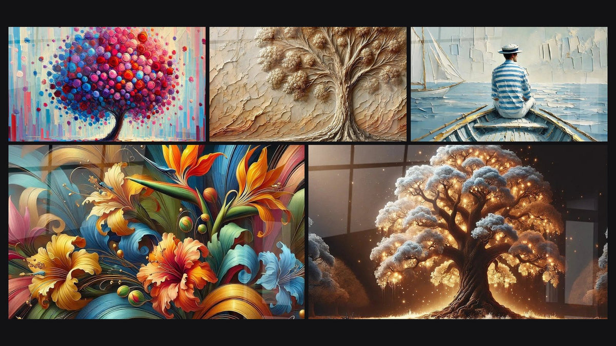 Mosaïque de cinq tableaux, dont Arbre de Joie, Rhapsodie Botanique et Arbre de Nuit