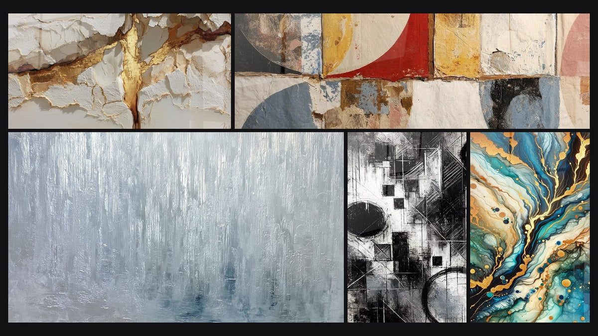 Mosaik aus fünf Gemälden, darunter Fragmente der Absolutheit, Labyrinth Mineralien und Geometrische abstrakte Formen