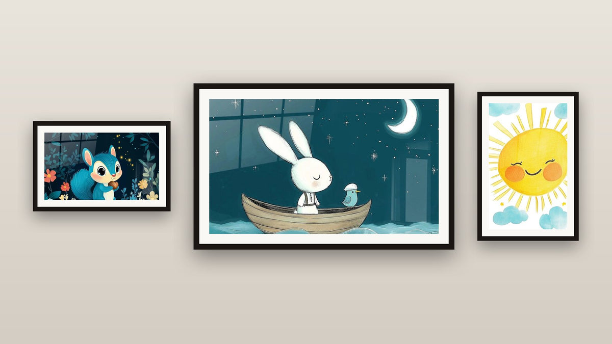 Mur de galerie avec trois tableaux encadrés : Enfants N°21, Enfants N°19 et Enfants N°18