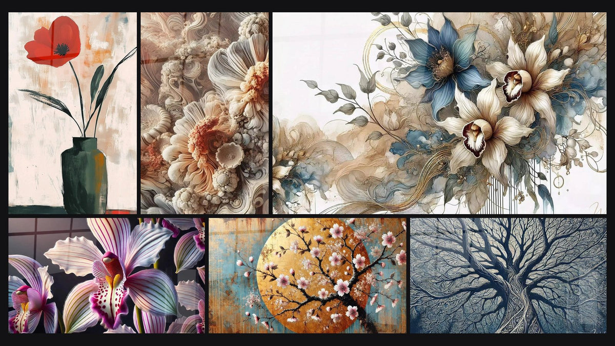 Mosaïque de six tableaux, dont Coquelicot N°3, Douceur du Soir et Douceur Florale