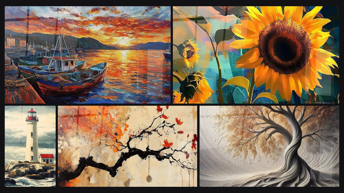 Mosaico di cinque quadri, tra cui Porto N°3, Faro N°3 e Girasole N°1
