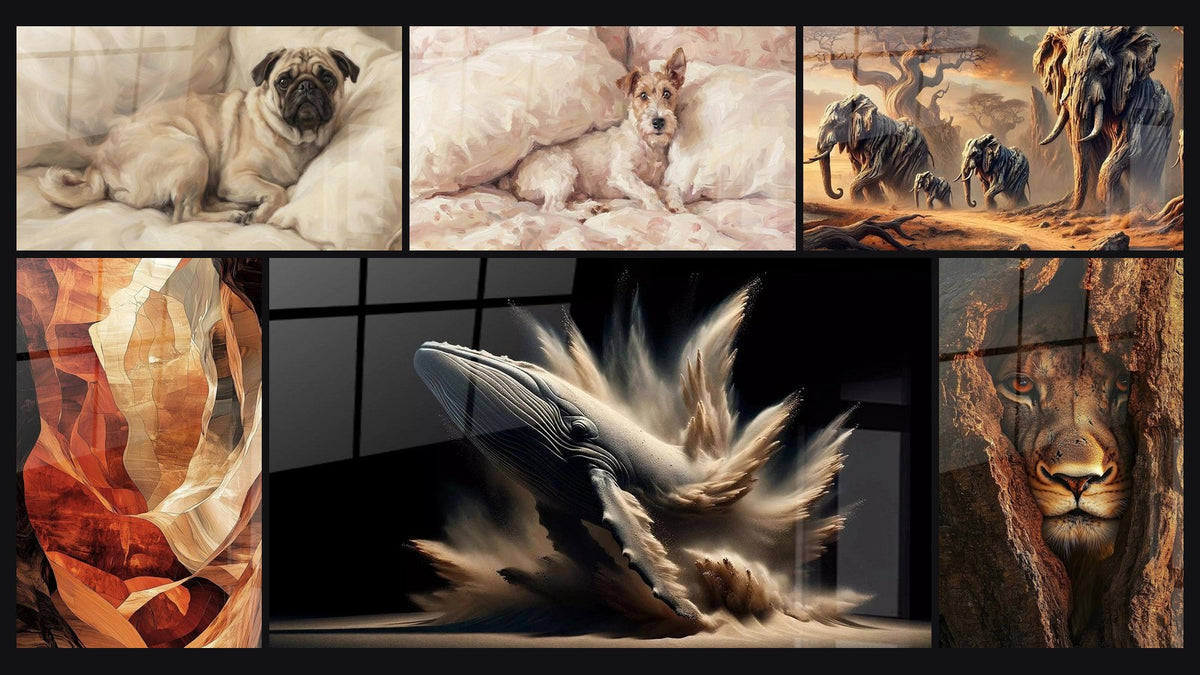 Mosaico de seis cuadros, entre ellos Carlin Acostado sobre Sábanas Beige, Terracota N°1 y El Llamado de los Ancestros