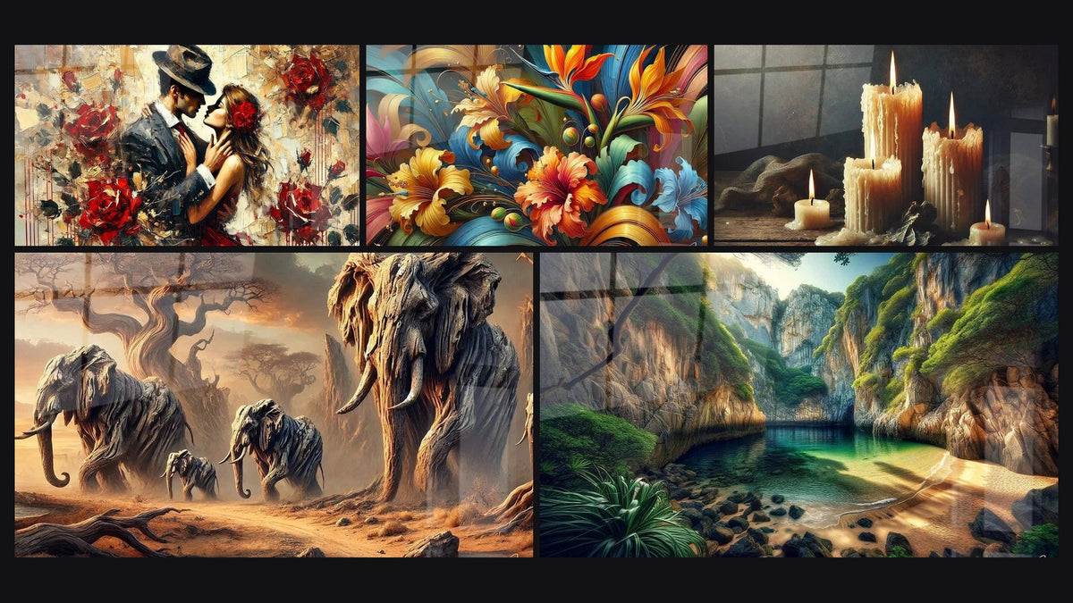Mosaïque de cinq tableaux, dont La Douceur de l'Amour, Rhapsodie Botanique et L’Appel des Ancêtres