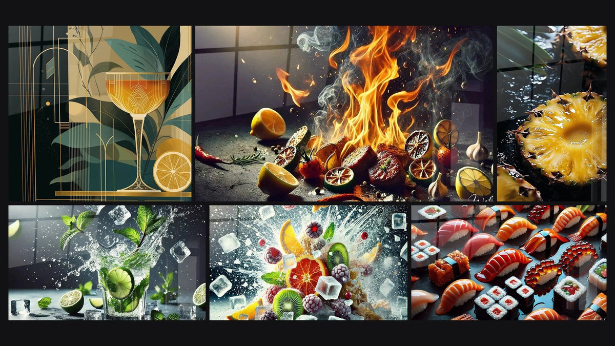 Mosaïque de six tableaux, dont Cocktail Art Déco, Fraîcheur Dynamique et Cocktail Glacial