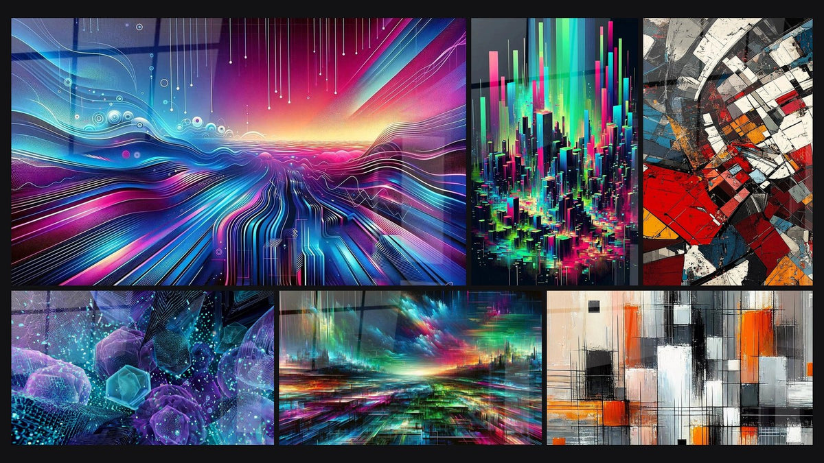 Mosaico di sei quadri, tra cui Aurora Cibernetica, Cristalli futuristi e Megalopoli Digitale