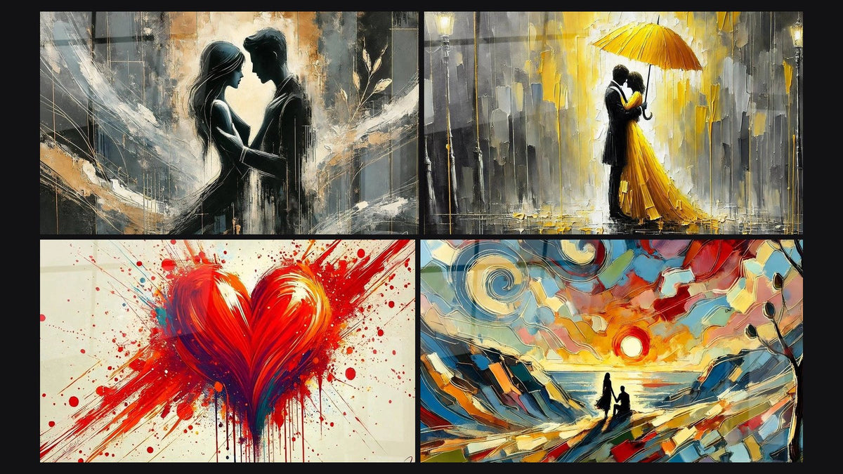 Mosaik aus vier Gemälden, darunter Liebesbild Nr. 5, Herzschläge und Liebe im Regen