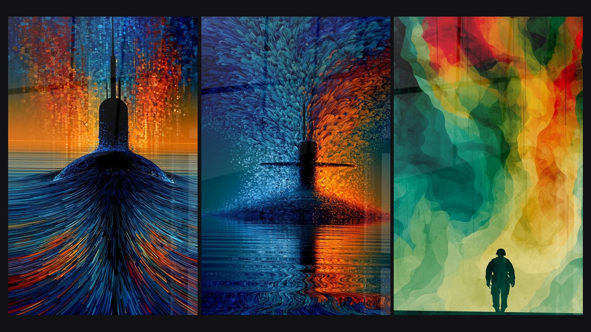 Mosaïque de trois tableaux, dont Sous-marin bleu et orange en surface et Soldat silhouette face à un brasier vert