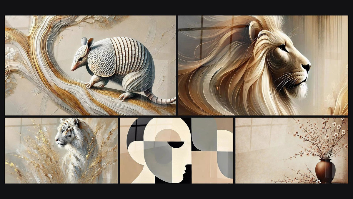Mosaic of five paintings, including On the Ridge of Time, The elegance of the predator and King of the Savanna