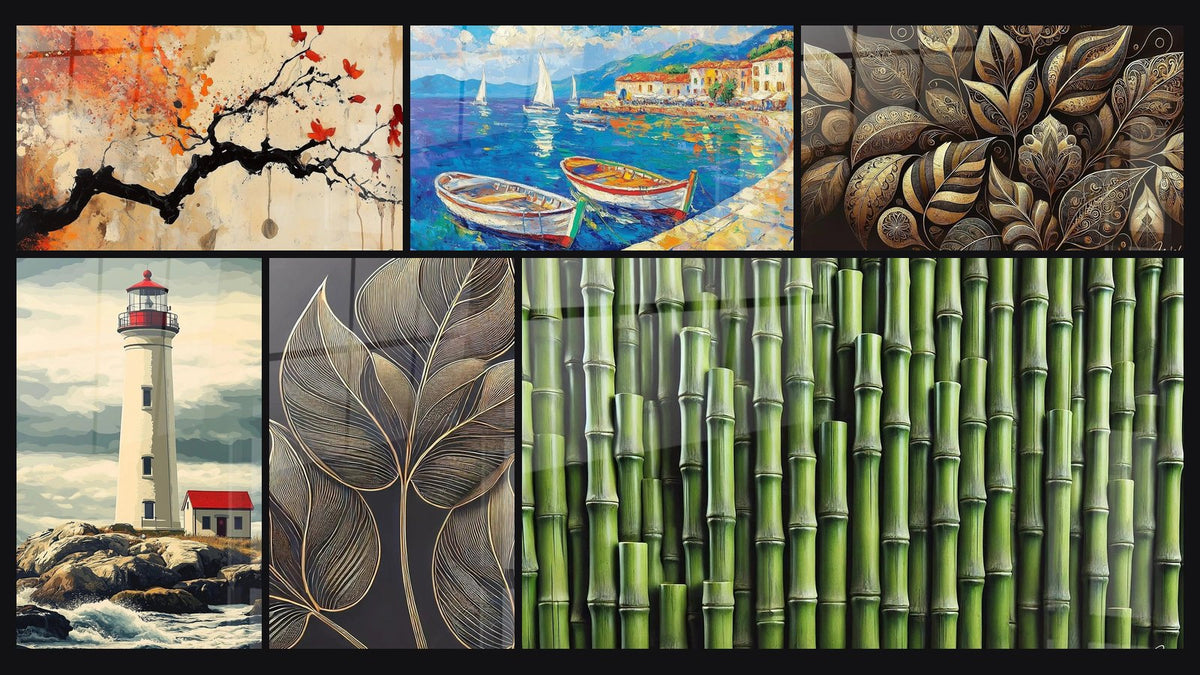 Mosaico di sei quadri, tra cui Porto N°1, Faro N°3 e Pizzo Vegetale