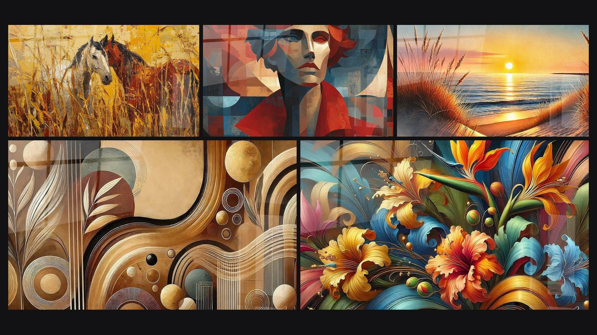 Mosaico de cinco cuadros, entre ellos Caballos Salvajes, Armonía Terrestre y Retrato Reflejos Cúbicos