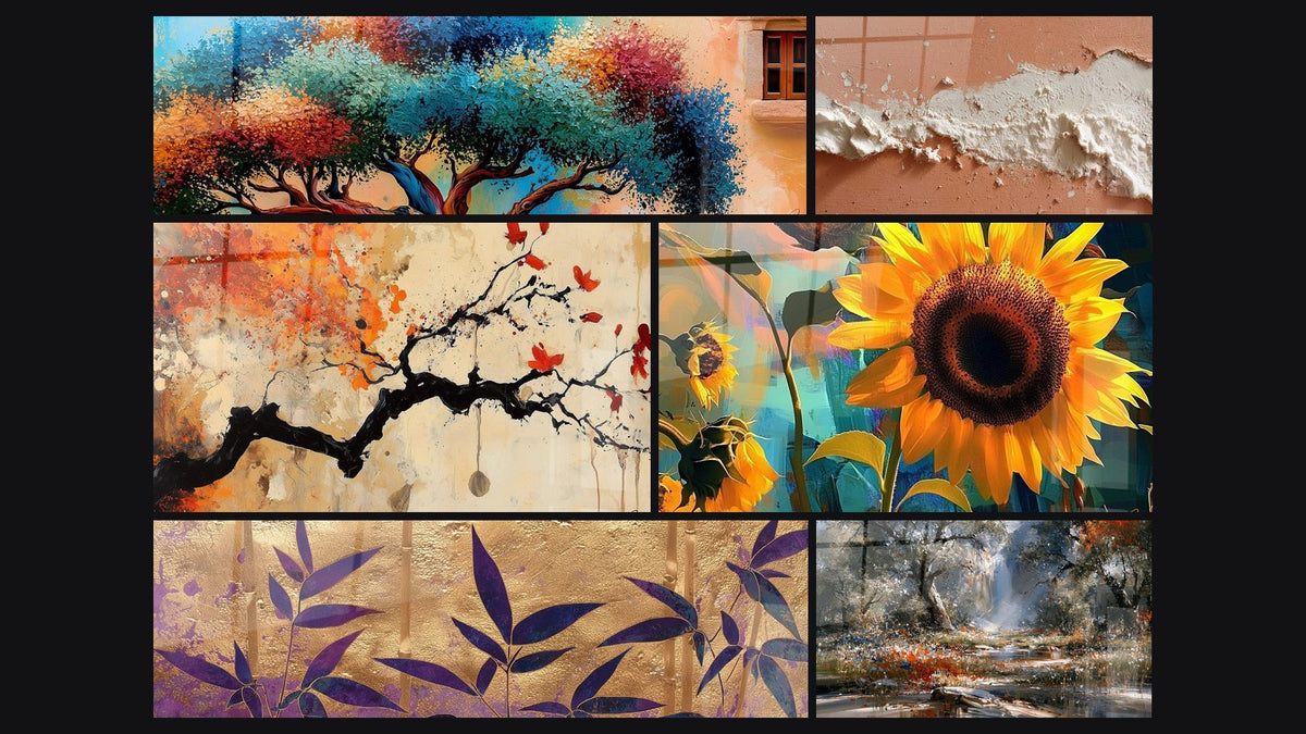Mosaico di sei quadri, tra cui Girasole N°1, Gesso bianco e corallo schizzato e Foglie viola e sfondo dorato strutturato