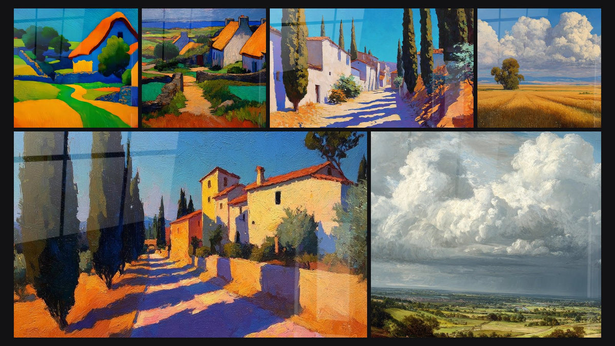 Mosaïque de six tableaux, dont Paysage rural coloré, Village côtier et Village méditerranéen
