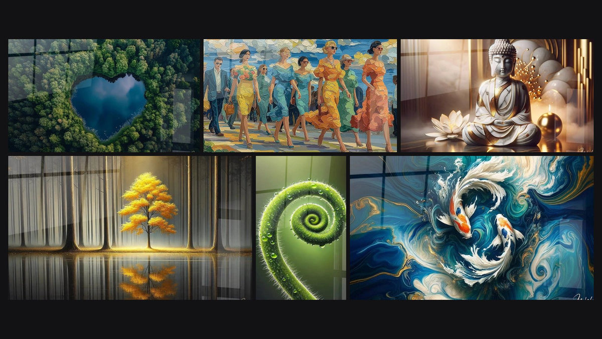 Mosaico de seis cuadros, entre ellos Lago N°1, Arte Deco Moderno y Tranquilidad Eterna