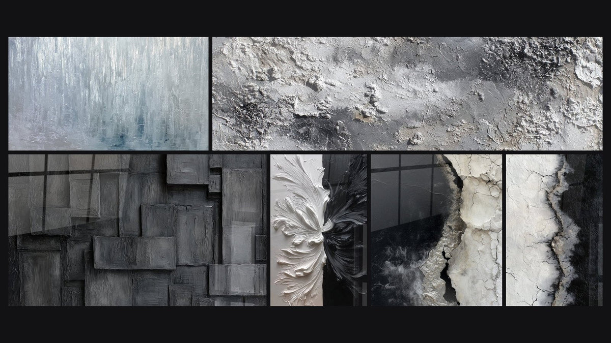 Mosaico de seis cuadros, entre ellos Textura Abstracta Gris y Plateado Mineral