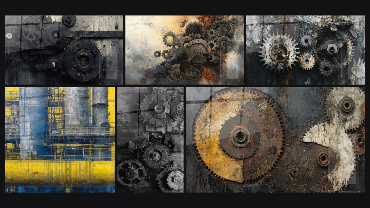 Mosaïque de six tableaux, dont Mécanismes industriels, Complexe industriel abstrait et Engrenages industriels anciens
