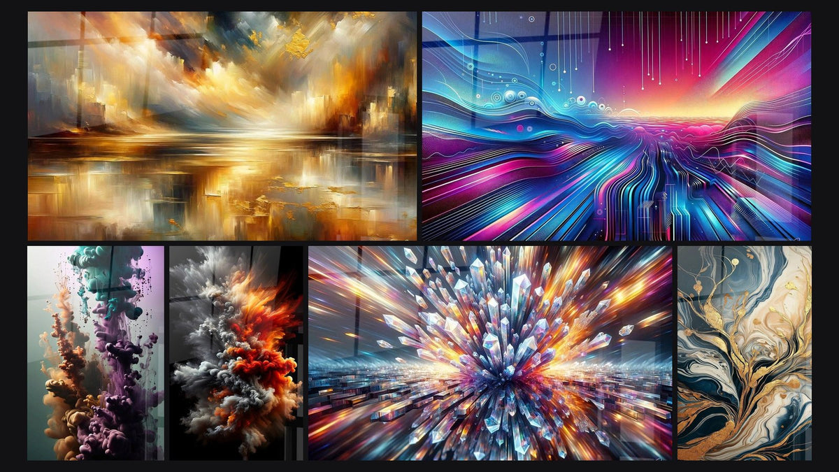 Mosaico di sei quadri, tra cui Città dei Riflessi Dorati, Aurora Cibernetica e Balletto Acquatico delle Sfumature