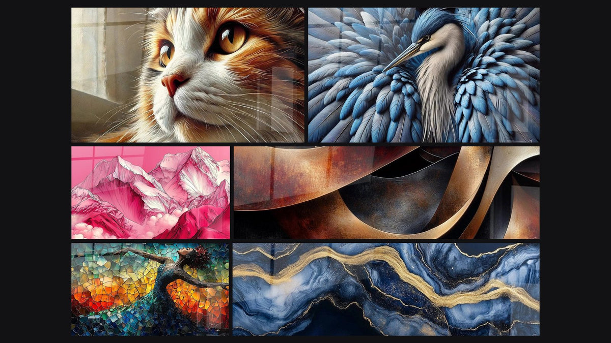 Mosaico de seis cuadros, entre ellos Mirada de Ámbar, Azul Real y Montaña rosa