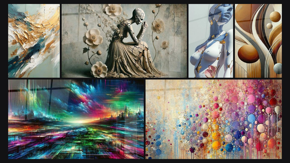 Mosaic of six paintings, including Golden Flux and Reflux, Urban Consciousness Mirage and Mosaic Spheres