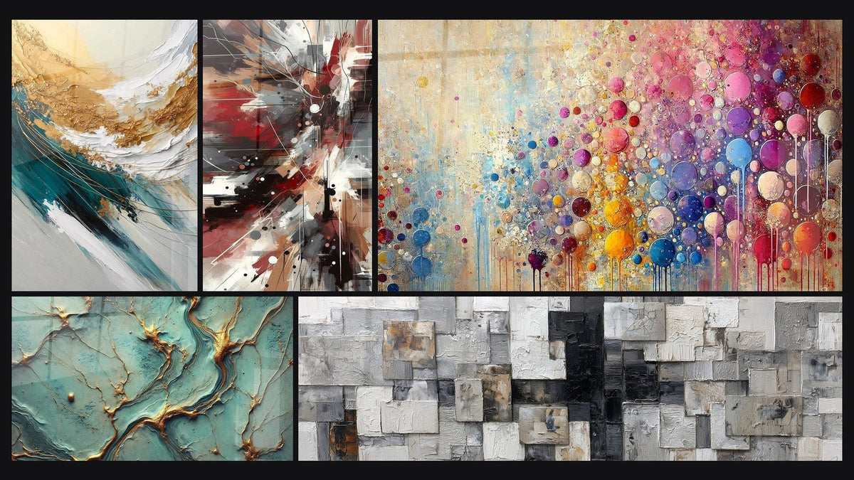 Mosaïque de cinq tableaux, dont Crête d'Or et d'Écume, Bruit Dynamique Explosive et Rivières d’Or
