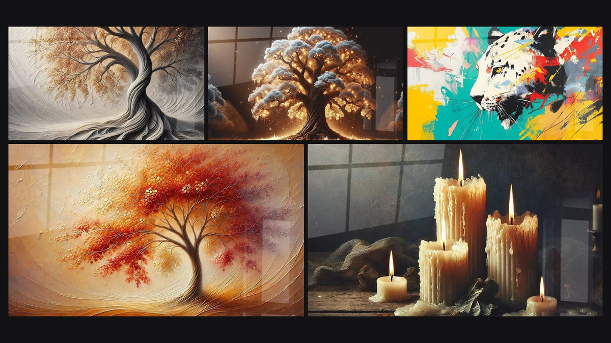 Mosaico di cinque quadri, tra cui Respiro della Terra, Danza delle Stagioni e Albero della Notte