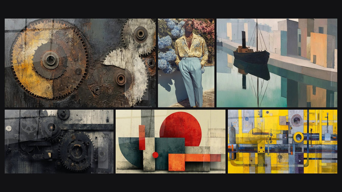 Mosaico de seis cuadros, entre ellos Engranajes industriales vintage, Mecanismos industriales y Puerto industrial
