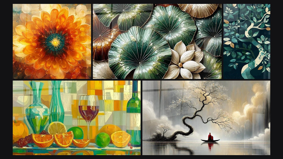 Mosaico de cinco cuadros, entre ellos Sol Radiante Naranja, Jardín de Reflejos y Festín de Colores