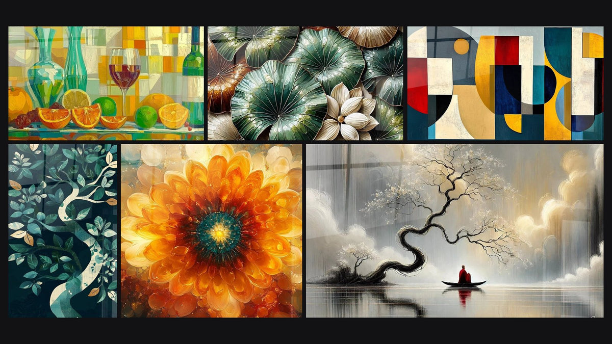 Mosaic of six paintings, including Feast of Colors, Garden of Reflections and Incandescent Sun Orange