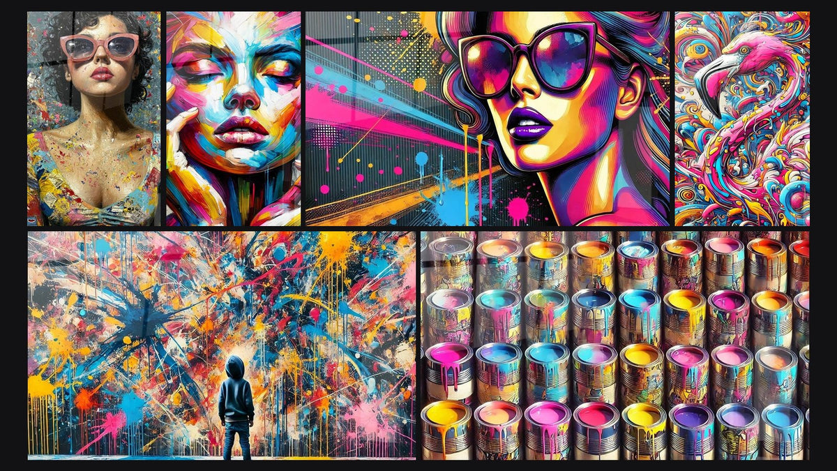 Mosaico di sei quadri, tra cui Schizzi di Pittura, Splendore Vintage e Lo Spirito Pop