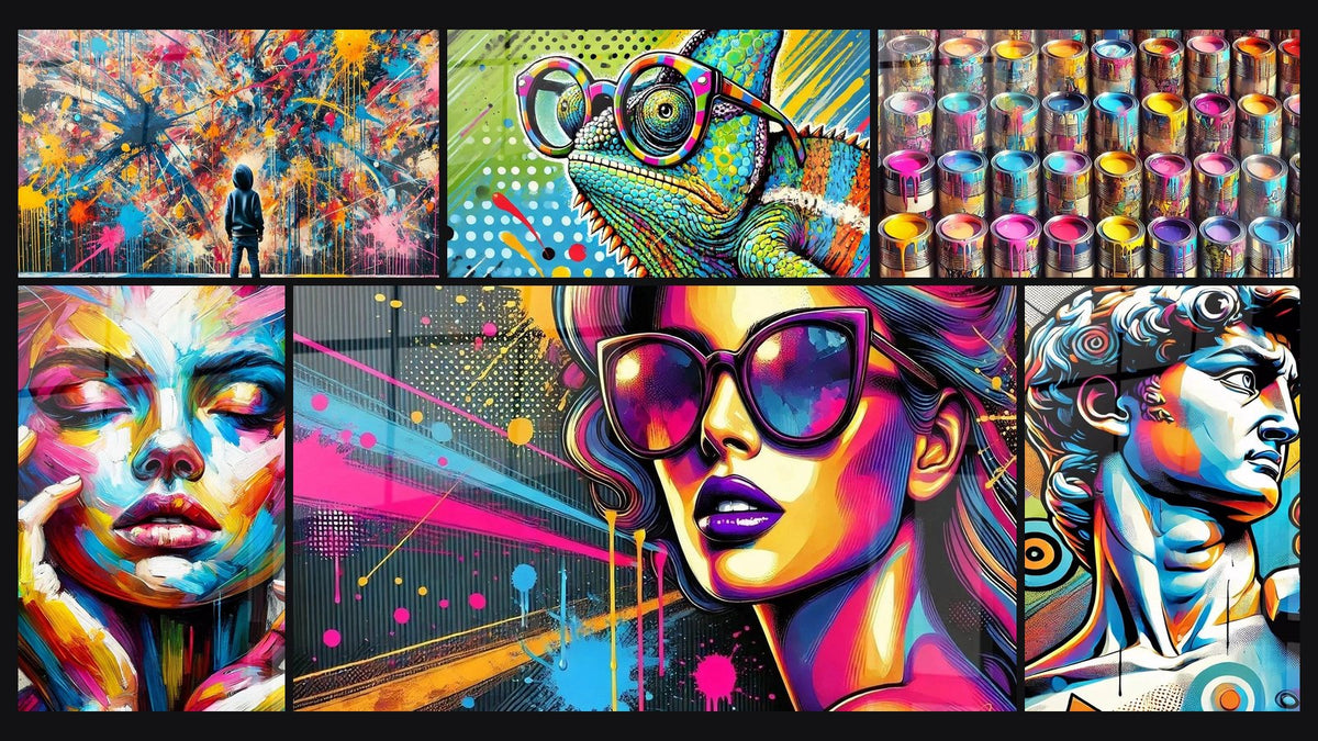 Mozaika sześciu obrazów, w tym Iskry Malarskie, Iskra Vintage i Chameleon Pop Art