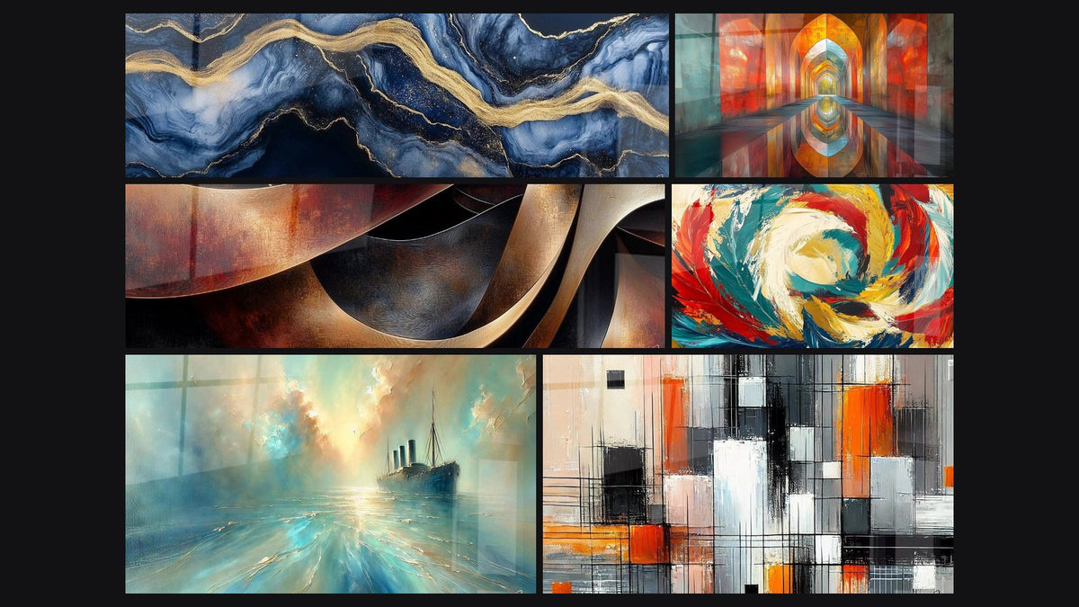 Mosaico di sei quadri, tra cui Marmo Liquido Eternità Blu, Sinuosità Meditazione Ocra e Volte Cangianti Vermiglio