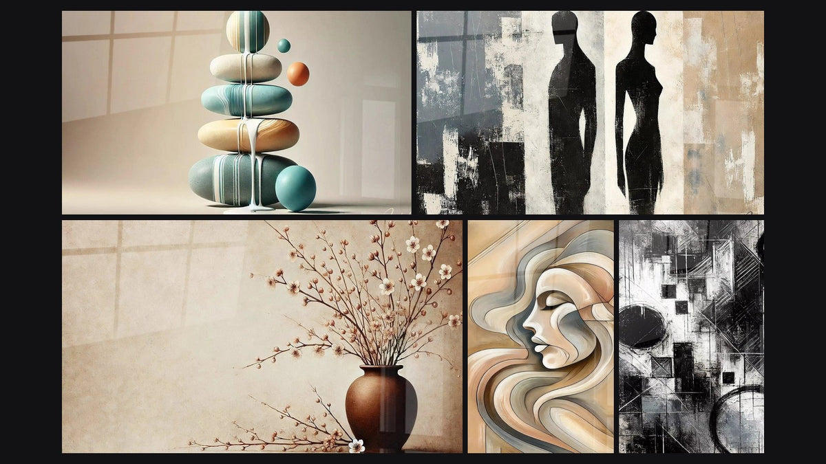Mosaic of five paintings, including Balance Pastel, Natural Harmony and Curved Elegance