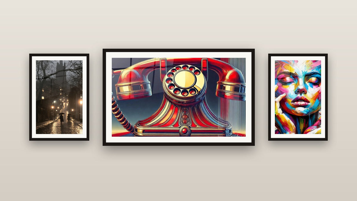 Pared de galería con tres cuadros enmarcados, entre ellos Resplandor Vintage y Vintage de Teléfono