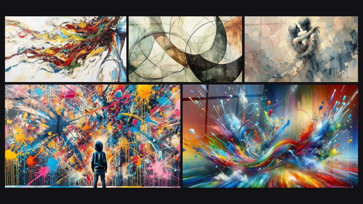 Mosaïque de cinq tableaux, dont Muse Moderne, Les Liens Invisibles et Éclats de Peinture