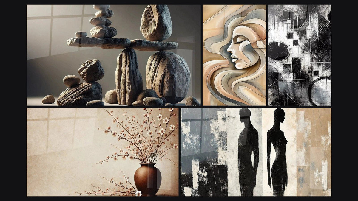 Mosaïque de cinq tableaux, dont Éphémère Stabilité, Harmonie Naturelle et Équilibre Contrasté
