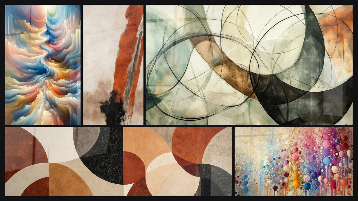 Mosaïque de cinq tableaux, dont Résonance des Teintes Célestes, Mosaïque de Sphères et Les Liens Invisibles