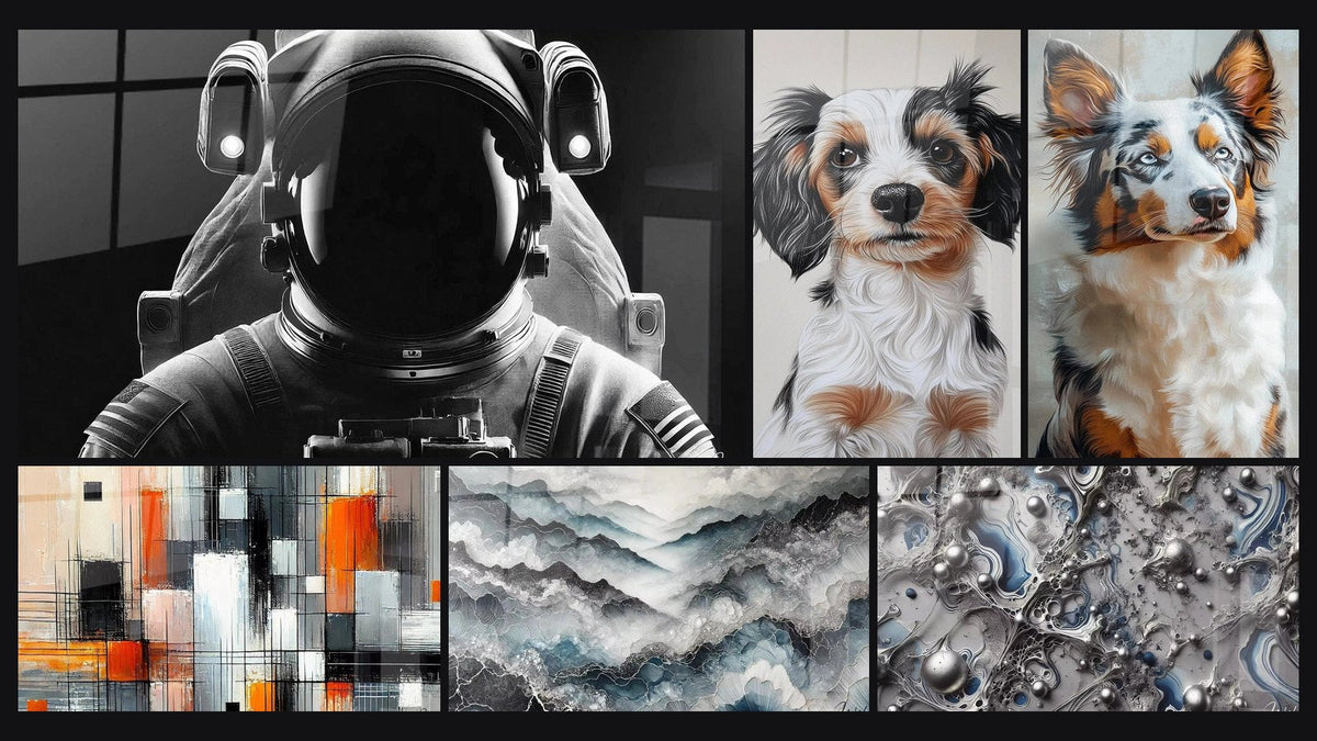 Mosaïque de six tableaux, dont Silence Spatial, Mécanique des couleurs et Échos Alpins