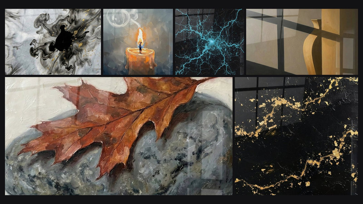 Mosaïque de six tableaux, dont Feuille d'Automne sur Roches Grises et Abstrait Turquoise et Noir Craquelé