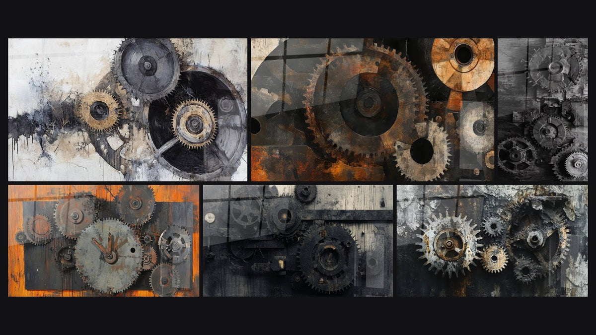 Mosaico di sei quadri, tra cui Ingranaggi Industriali, Ingranaggi arrugginiti e A ingranaggi industriali antichi