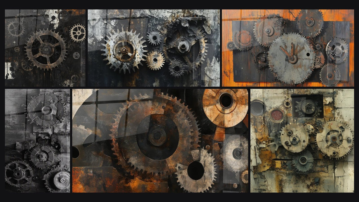 Mosaico di sei quadri, tra cui Ingranaggi industriali, A ingranaggi industriali antichi e Ingranaggi industriali patinati