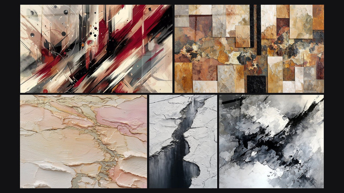 Mosaico de cinco cuadros, entre ellos Turbulencia Artística y Abstracto texturizado beige rosa dorado