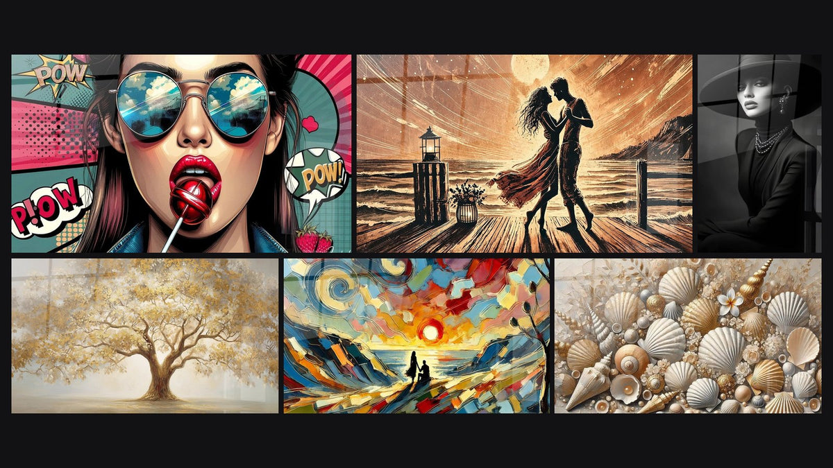 Mosaïque de six tableaux, dont Lèvres de Fraise, Échos de Lumières et Entre Lumière et Ombres