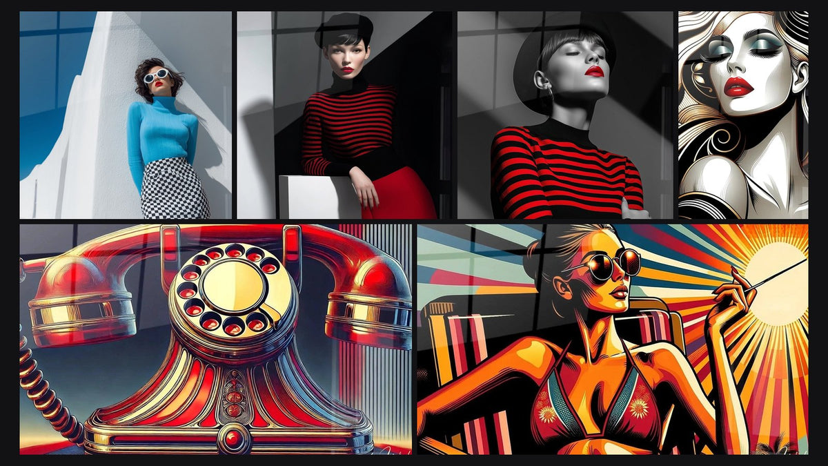 Mosaico di sei quadri, tra cui Donna Maglione Turchese Gonna a, Appello Vintage e Donna con Cappello Nero e Righe Rosse