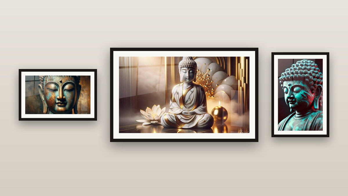 Pared de galería con tres cuadros enmarcados: Paz Mármol, Calma Turquesa y Paz Profunda